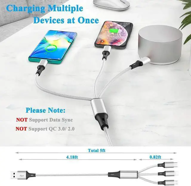 Alt view image 2 of 6 - Multi Charging Cable (2Pack 5FT) Multi USB Charger Cable Aluminum Nylon 3 in 1 Universal Multiple Charging Cord with Type-C/Micro USB Connectors for Most Phones & Tablets (Charging Only)