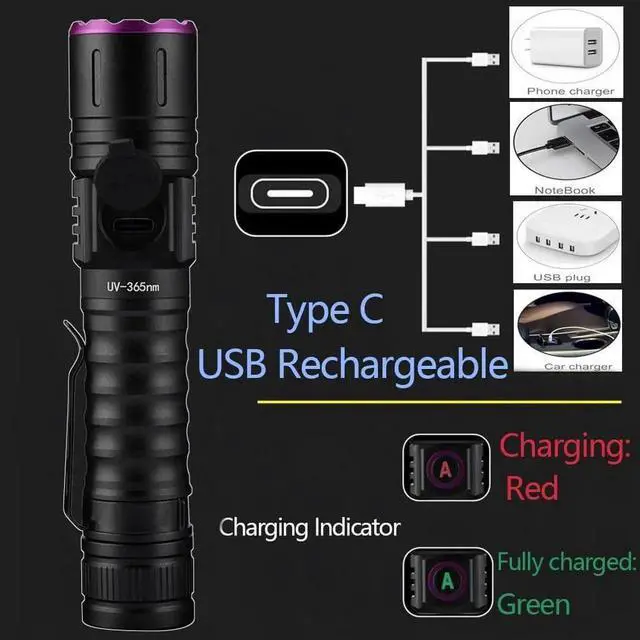 Alt view image 4 of 7 - ALONEFIRE SV87 365nm UV Flashlight Zoom 5W Type C USB Rechargeable Black Light Money Detector for Resin Curing, Pet Urine Detection, Scorpion, Fishing, Minerals, Leaks, Cure Glue with Battery