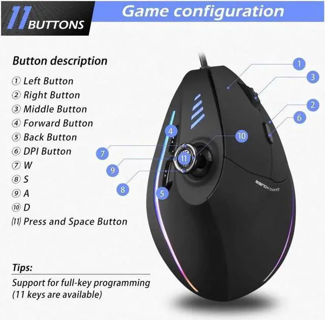 Alt view image 3 of 7 - ZEERKEER Ergonomic Vertical Mouse, RGB Wired Vertical Gaming Mouse with Joystick, 10000 Max DPI and 11 Programmable Buttons for Gamers, Computer