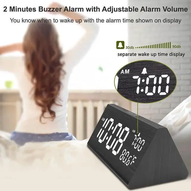 Alt view image 6 of 7 - DreamSky Wooden Digital Alarm Clock for Bedroom - 7.7" Electric Clocks with USB Ports, Large Numbers, Temperature, 0-100% Brightness Dimmer, Adjustable Alarm Volume, Snooze, 12/24H