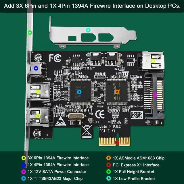 Alt view image 4 of 5 - FebSmart 4 Ports PCIE Firewire 400 1394A Expansion Card, Texas Instruments TI TSB43AB23, Plug and Play on Windows and MAC Desktop PCs, 3X 6Pin and 1X 4Pin 1394A Ports, 400Mbps Max Speed (FS-FW400