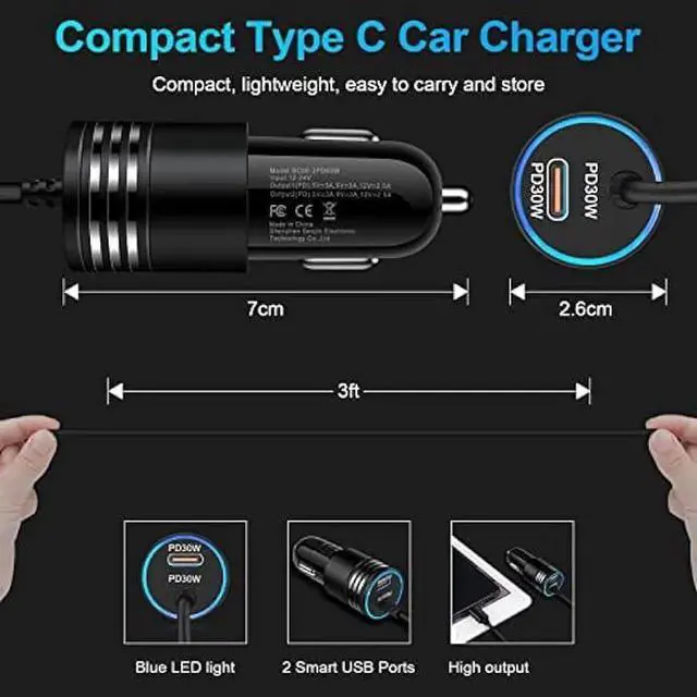 Alt view image 6 of 7 - Android USB C Samsung Super Fast Car Charger for Samsung Galaxy S23 Ultra/S23/A05S/A05/A14 5G/A54/S22/S21 fe/S20/A53 5G/A13/A03S/A32, 60W Fast Car Adapter with 30W Built-in Type C Fast Charging Cable