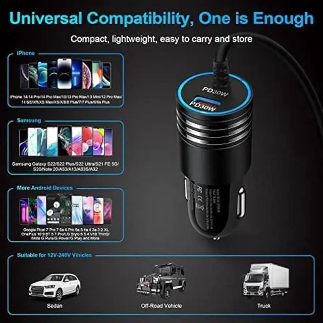 Alt view image 3 of 7 - Android USB C Samsung Super Fast Car Charger for Samsung Galaxy S23 Ultra/S23/A05S/A05/A14 5G/A54/S22/S21 fe/S20/A53 5G/A13/A03S/A32, 60W Fast Car Adapter with 30W Built-in Type C Fast Charging Cable