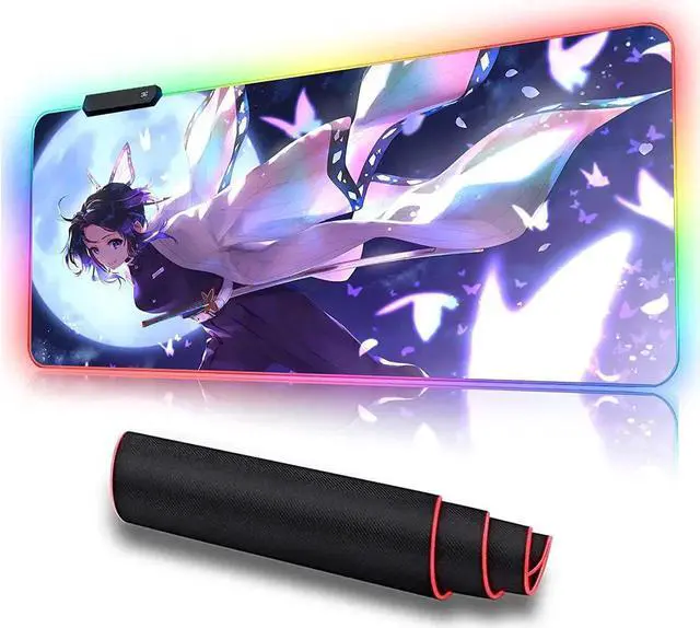 Main image of RGB Anime Mouse Pad Demon Slayer Shinobu Custom Mousepad with Stitched Edge Frame & Non-Slip Rubber Base,Long Laptop Glowing Desk Pad,Computer Keyboard and Mice Pads Mouse Mat 31.5X15.7 inch