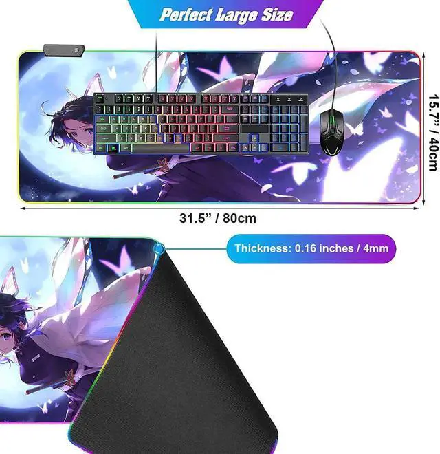 Alt view image 4 of 7 - RGB Anime Mouse Pad Demon Slayer Shinobu Custom Mousepad with Stitched Edge Frame & Non-Slip Rubber Base,Long Laptop Glowing Desk Pad,Computer Keyboard and Mice Pads Mouse Mat 31.5X15.7 inch