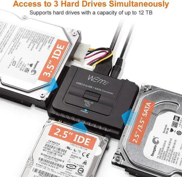 Alt view image 4 of 7 - USB 3.0 to SATA IDE Adapter with Universal 2.5 3.5 Hard Drive Disk Converter for HDD SSD and IDE HDD Support 12TB and One-Touch Backup Include 12V 2A Power Adapter and USB 3.0 Cable for Laptop