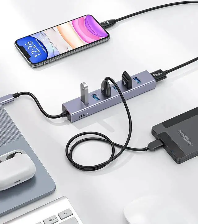 Alt view image 2 of 7 - USB C to USB Hub, 8 Ports USB 3.0 Adapter with 7 USB 3.0 Data Ports,USB C Splitter with USB C 5V/3a Extra Power, 7.9IN/20CM Main Cable USB HUB, USB Extension for Laptop and PC