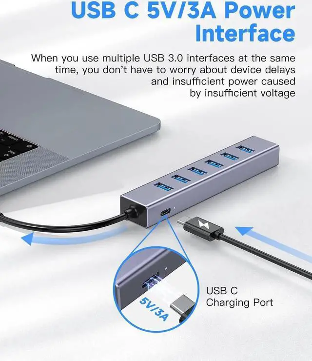 Alt view image 5 of 7 - USB C to USB Hub, 8 Ports USB 3.0 Adapter with 7 USB 3.0 Data Ports,USB C Splitter with USB C 5V/3a Extra Power, 7.9IN/20CM Main Cable USB HUB, USB Extension for Laptop and PC