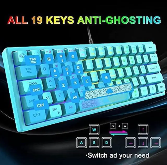 Alt view image 2 of 7 - 60% Gaming Keyboard and Mouse Combo Rainbow LED Backlit Keyboard with 61 Keys Membrane Mini Portable Ergonomic Design Ultralight Gaming Mouse 6400 DPI,Gaming Mouse Pad for Windows PC Gamers(Blue)