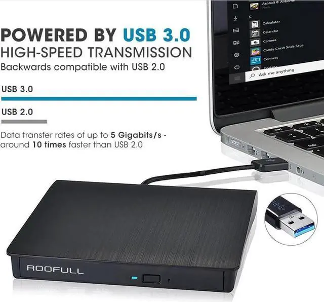 Alt view image 2 of 7 - ROOFULL External CD DVD Drive USB 3.0 Portable DVD & CD-ROM +/-RW Disc Drive Player Burner Reader Writer Rewriter Adapter Converter Compatible with Laptop PC Desktop Windows Mac Linux Computer