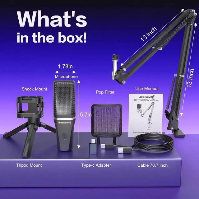 Alt view image 7 of 7 - Gaming USB Microphone,Noise Cancellation Condenser mic,RGB Microphone with Mute,Gain,Monitoring,Boom Arm,Pop Filter for Phone,PC,Computer,PS4,PS5,Mac,Stream