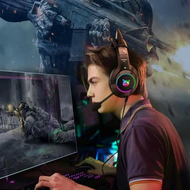 Alt view image 2 of 7 - K9 Gaming Headset with Removable Cat Ears, for PS5, PS4, Nintendo Switch, PC, with Surround Sound, RGB LED Light & Noise Canceling Retractable Microphone