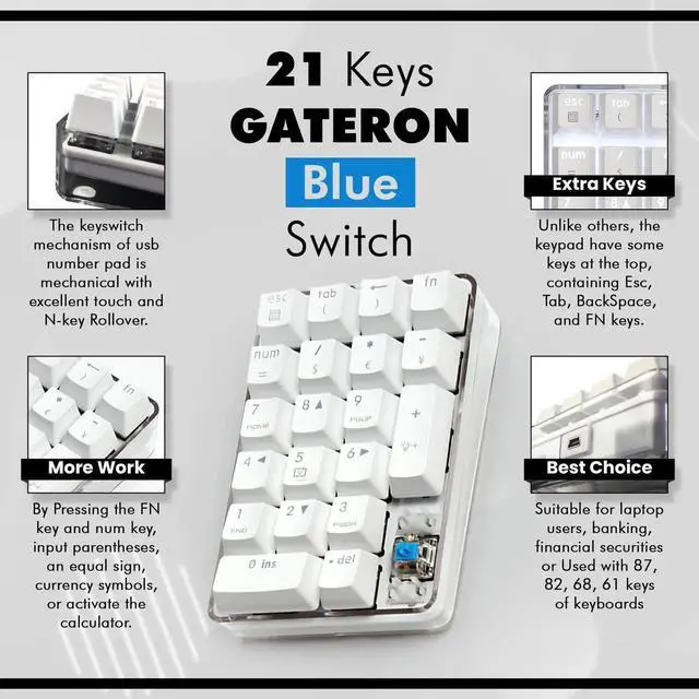 Alt view image 4 of 5 - Qisan Mechanical Numeric Keypad GATERON Blue Switch Wired Crystal Case White Backlit Gaming Keypad 21 Keys Mini Numpad Portable Mechanical Numpad Extended | Laptop Accessories | keypad for Computer