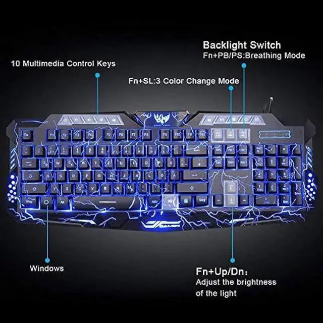 Alt view image 4 of 7 - BlueFinger Gaming Keyboard and Mouse,USB Wired Backlit Gaming Mouse and Keyboard Combo,Letters Glow, 3 Color Crack Backlit,Illumination Keyboard and Mouse Set for Game and Work