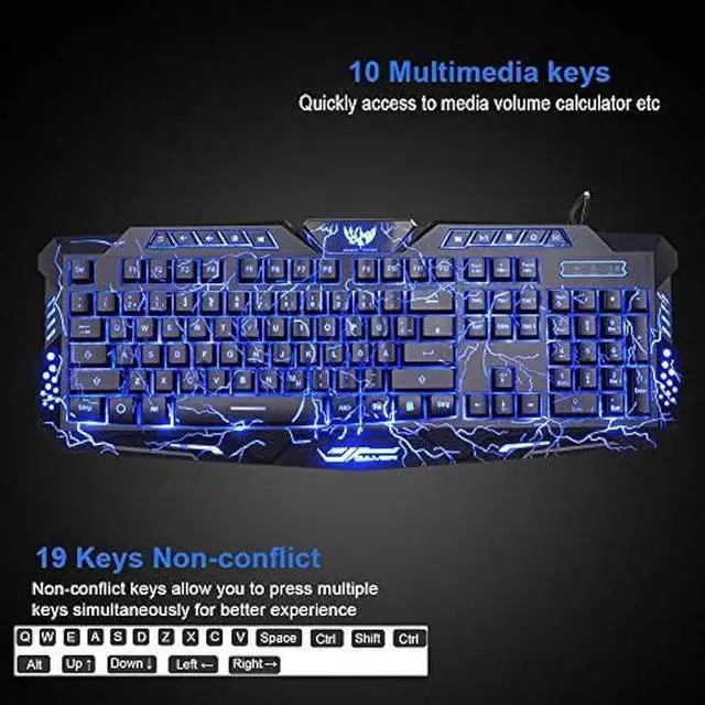 Alt view image 2 of 7 - BlueFinger Gaming Keyboard and Mouse,USB Wired Backlit Gaming Mouse and Keyboard Combo,Letters Glow, 3 Color Crack Backlit,Illumination Keyboard and Mouse Set for Game and Work