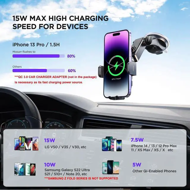 Alt view image 7 of 7 - Wireless Car Charger,7 Colored RGB Backlit Mosurr 15W Auto Clamping Phone Holders for Your car fit for iPhone 16 15 14 Mini Pro Max, Samsung Galaxy S25 Ultra S24 S23+, etc, Fathers Day for Gifts