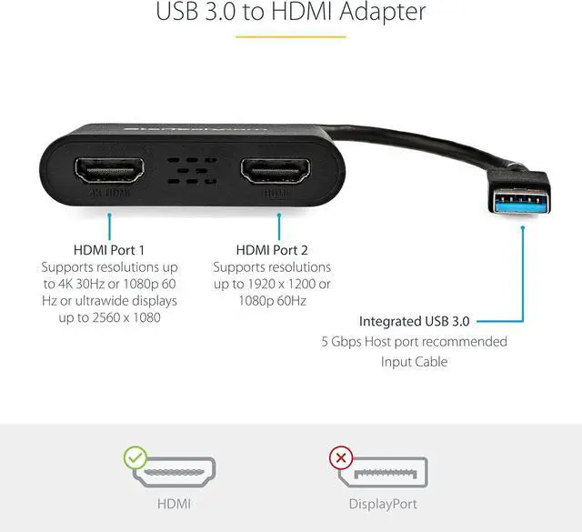 Alt view image 6 of 6 - USB-A 3.0 to Dual HDMI Adapter, 4K 30Hz + 1080p 60Hz, Windows only | USB 5Gbps to 2x HDMI external graphics, 1x 4K 30Hz + 1x 1080p 60Hz, Extend or mirror