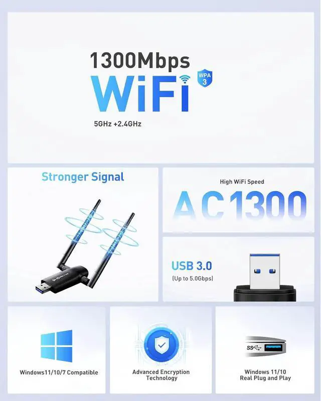 Alt view image 4 of 7 - Wireless USB WiFi Adapter for PC - 1300Mbps Dual 5Dbi Antennas 5G/2.4G WiFi Adapter for Desktop PC Laptop Windows11/10/7, Wireless Adapters for Desktop