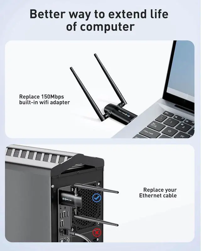 Alt view image 2 of 7 - Wireless USB WiFi Adapter for PC - 1300Mbps Dual 5Dbi Antennas 5G/2.4G WiFi Adapter for Desktop PC Laptop Windows11/10/7, Wireless Adapters for Desktop