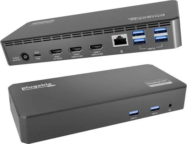 Main image of Plugable USB C Triple Display Docking Station | 100W PD, 3x HDMI (1x 4K 30Hz, 2x 1080p 60Hz), 6x USB 5Gbps Ports | Windows, macOS, ChromeOS Compatible - Enhance Productivity with Multi-Monitor Support