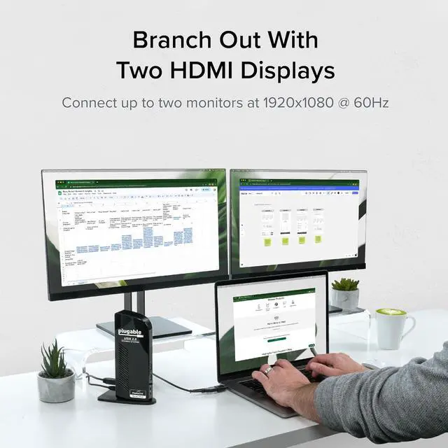Alt view image 2 of 7 - Universal Laptop Docking Station Dual HDMI Monitor for Windows and Mac (Driver Required), USB 3.0 or USB-C, 2X HDMI, Gigabit Ethernet, Audio, 6 USB Ports (UD-3900)