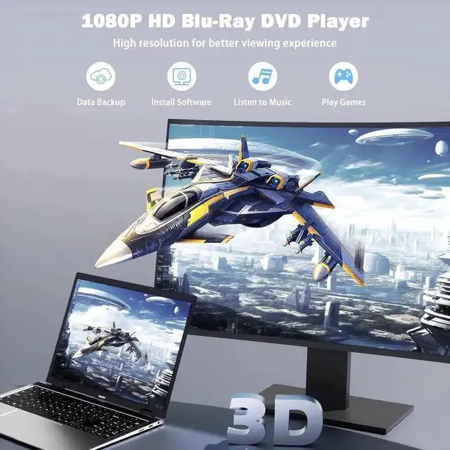 Alt view image 4 of 7 - External Blu Ray Drive, BD Player with Read/Write Capability Portable Blu-ray Player with USB 3.0 Type-C CD/DVD Burner 3D Blu-ray Drive Compatible with Win10 and Mac OS, Drive Blu Ray Player