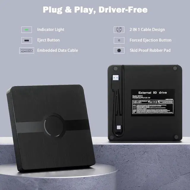 Alt view image 6 of 7 - External Blu Ray Drive, BD Player with Read/Write Capability Portable Blu-ray Player with USB 3.0 Type-C CD/DVD Burner 3D Blu-ray Drive Compatible with Win10 and Mac OS, Drive Blu Ray Player