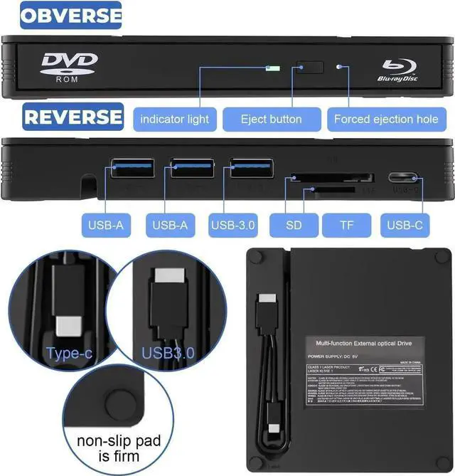 Alt view image 4 of 7 - External Blu Ray Drive, 7 in 1 External Blu-ray Drive USB 3.0 Type C Portable Blu Ray Player, 3D Blu Ray Burner CD DVD Burner, Optical Bluray Drive for Windows XP/7/8/10/11, Mac OS Computers