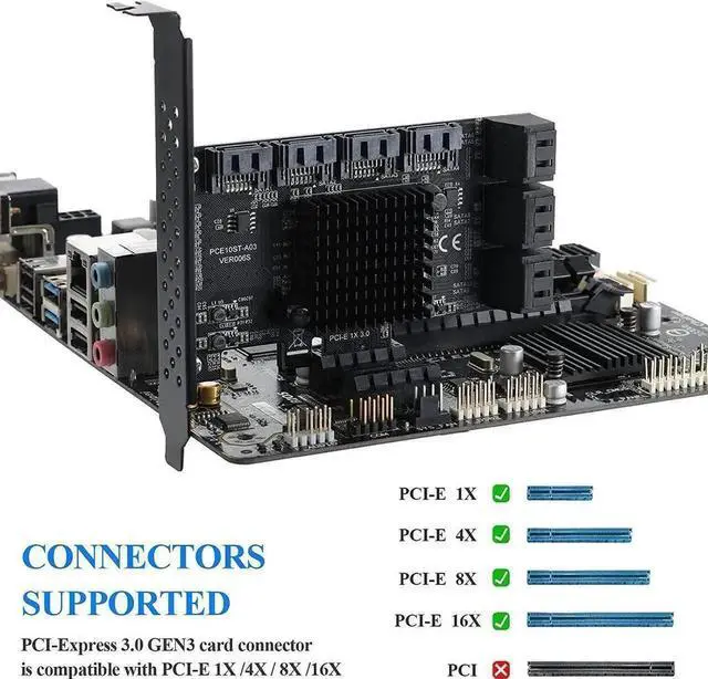 Alt view image 4 of 7 - Aomoproing PCIE 1X SATA Card 10 Ports,6 Gbps SATA 3.0 Controller PCIe Expansion Card,Non-Raid,Support 10 SATA 3.0 Devices,with Low Profile Bracket and 10 SATA Cables