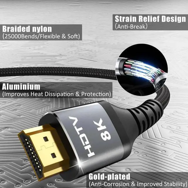 Alt view image 5 of 7 - 8K HDMI Cable 10 FT 4-Pack, HDMI 2.1 Gaming Cord, Support 8K@60Hz, 4K@120Hz, Dynamic HDR10+, SBTM, VRR, QFT, ALLM, 3D, HDCP 2.3 for PS5, Xbox, Nintendo Switch, TV, P