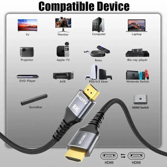 Alt view image 3 of 7 - 8K HDMI Cable 10 FT 4-Pack, HDMI 2.1 Gaming Cord, Support 8K@60Hz, 4K@120Hz, Dynamic HDR10+, SBTM, VRR, QFT, ALLM, 3D, HDCP 2.3 for PS5, Xbox, Nintendo Switch, TV, P