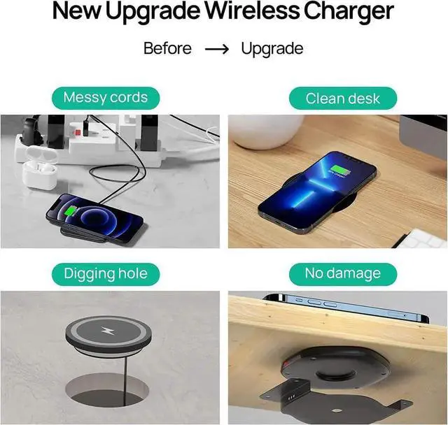 Alt view image 7 of 7 - Invisible Wireless Charger 30mm Under Desk Charger Mat Furniture Table Nightstand Desktop Charging Station for iPhone16/15/14/13/12/11//LG/Google Pixel Desk Essentials(with QC Adapter)
