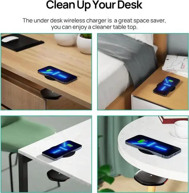 Alt view image 2 of 7 - Invisible Wireless Charger 30mm Under Desk Charger Mat Furniture Table Nightstand Desktop Charging Station for iPhone16/15/14/13/12/11//LG/Google Pixel Desk Essentials(with QC Adapter)