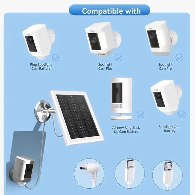 Alt view image 4 of 7 - Ring Solar Panel Charger 5W Solar Panel for Security Camera Compatible for Ring Camera Waterproof Solar Panel with Type-C Micro USB and DC Port Cable for Most Cameras