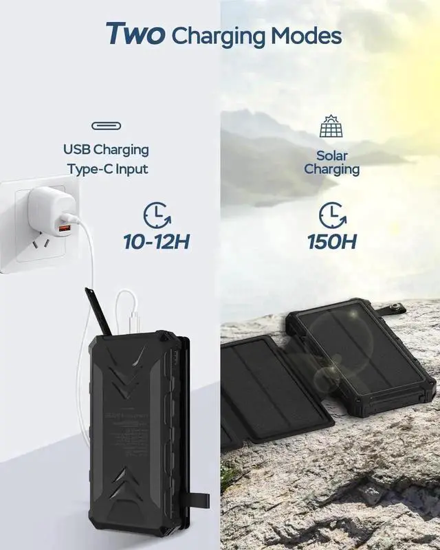 Alt view image 6 of 7 - Solar Charger 20000mAh Solar Power Bank with Dual 3A Outputs Fast Charging Portable Charger 4 Solar Panels External Battery Pack Waterproof and Flashlights for Phone Tablet Outdoor Camping (Black)
