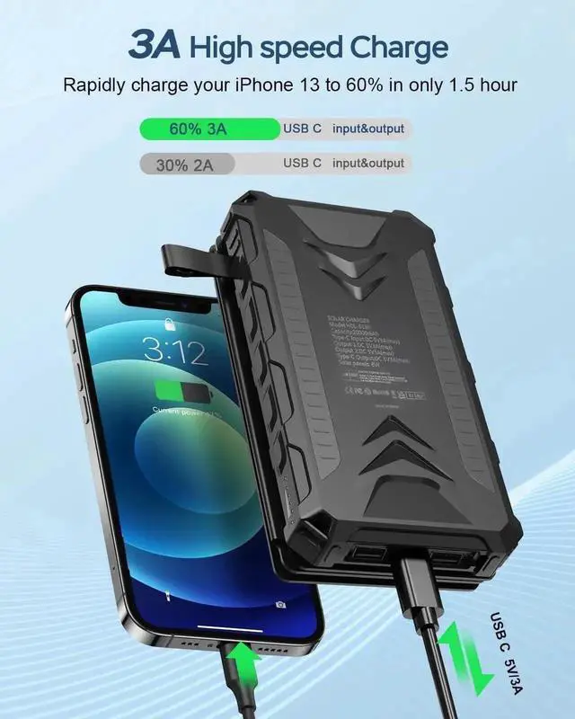 Alt view image 3 of 7 - Solar Charger 20000mAh Solar Power Bank with Dual 3A Outputs Fast Charging Portable Charger 4 Solar Panels External Battery Pack Waterproof and Flashlights for Phone Tablet Outdoor Camping (Black)