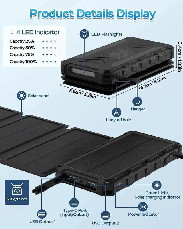Alt view image 2 of 7 - Solar Charger 20000mAh Solar Power Bank with Dual 3A Outputs Fast Charging Portable Charger 4 Solar Panels External Battery Pack Waterproof and Flashlights for Phone Tablet Outdoor Camping (Black)