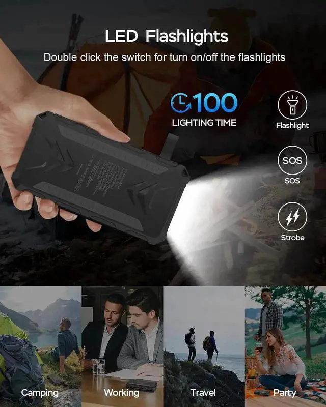 Alt view image 5 of 7 - Solar Charger 20000mAh Solar Power Bank with Dual 3A Outputs Fast Charging Portable Charger 4 Solar Panels External Battery Pack Waterproof and Flashlights for Phone Tablet Outdoor Camping (Black)