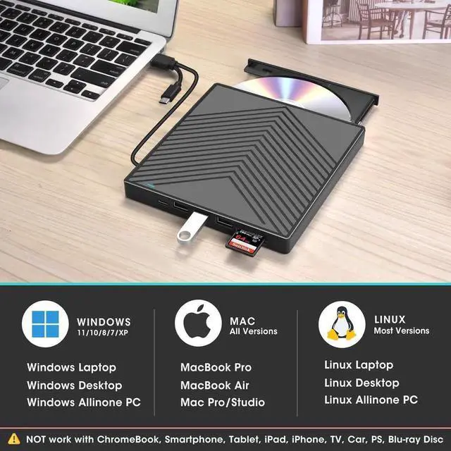 Alt view image 6 of 7 - 8-In-1 External CD DVD Drive with USB SD/TF Reader,CD/DVD +/-RW Burner Player Writer Optical Disk Reader Portable CD DVD Drive for Laptop Mac MacBook PC Windows 11 10 Linux OS