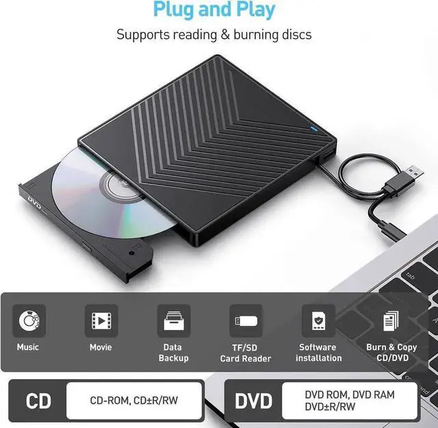 Alt view image 4 of 7 - 8-In-1 External CD DVD Drive with USB SD/TF Reader,CD/DVD +/-RW Burner Player Writer Optical Disk Reader Portable CD DVD Drive for Laptop Mac MacBook PC Windows 11 10 Linux OS