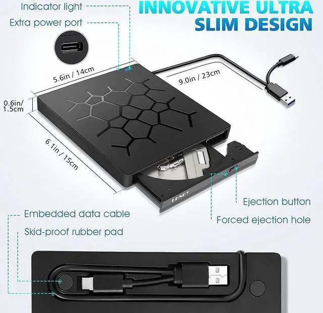 Alt view image 3 of 7 - External DVD Drive DVD Player with 4 USB3.0 Ports TF SD Card Reader for Laptop Portable USB Tpye-C CD/DVD+/-RW Drive/DVD Player CD ROM Burner Compatible with Windows Linux OS Apple Mac