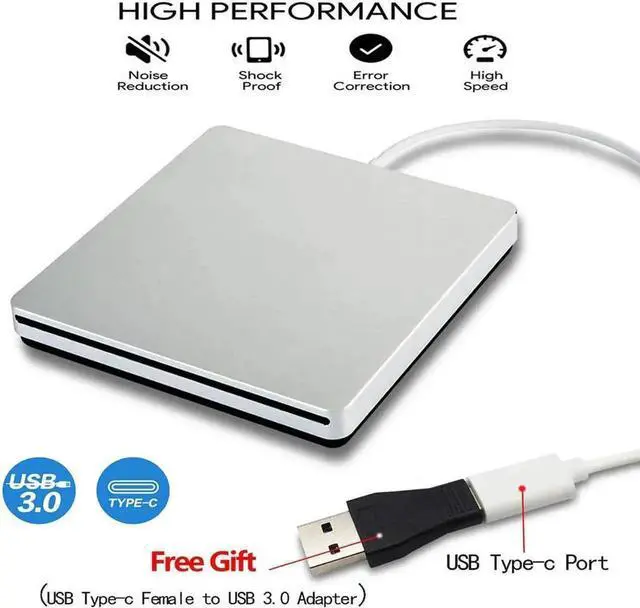 Main image of External USB C Superdrive Ultra Slim USB3.0 CD DVD Drive Burner External CD/DVD +/-RW Writer Reader Player with High Speed Data for MacBook Pro Air/Laptop/Windows/Mac OSX - XD055, Silver