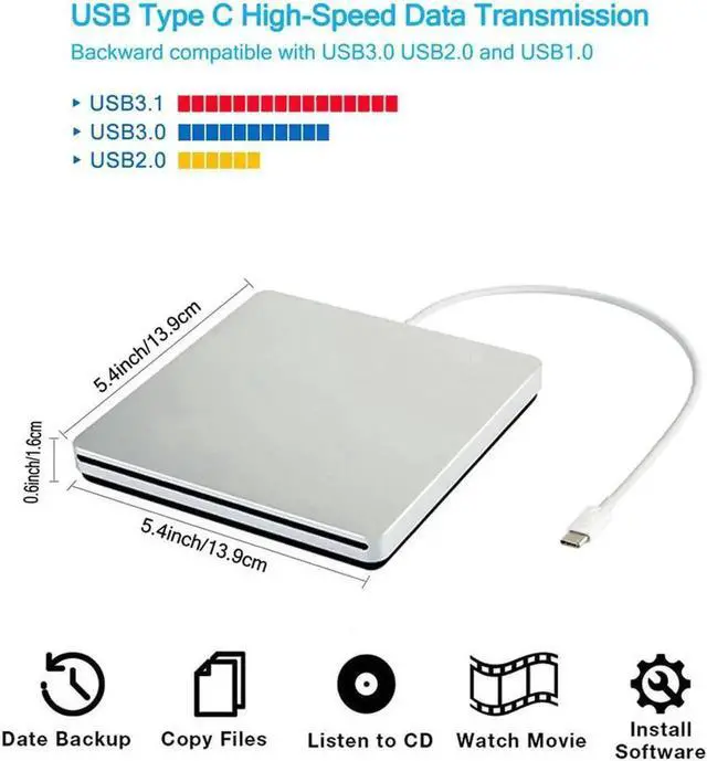 Alt view image 7 of 7 - External USB C Superdrive Ultra Slim USB3.0 CD DVD Drive Burner External CD/DVD +/-RW Writer Reader Player with High Speed Data for MacBook Pro Air/Laptop/Windows/Mac OSX - XD055, Silver