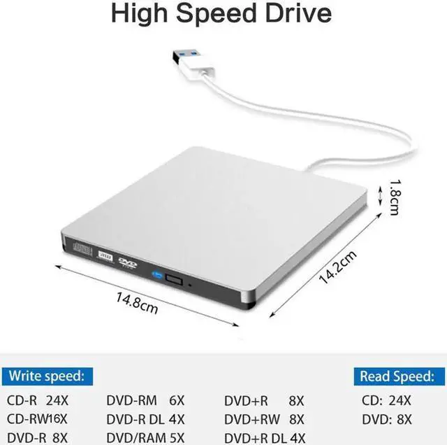 Alt view image 7 of 7 - USB3.0/USB-C External CD DVD Drive, 8X Portable CD/DVD ROM +/-RW Drive Burner Writer for Windows 10/8/7, Linux, Mac Laptop Desktop, MacBook Pro/ Air, iMac (Silver)
