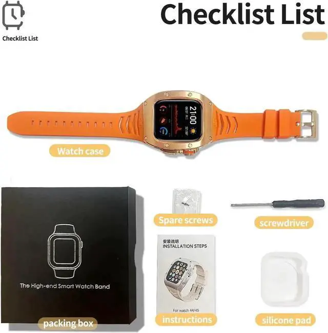 Alt view image 7 of 7 - Mod Kit Standainless Standeel Case for Apple Watch 45mm/44mm Rugged Metal Bumper Case Protective Replacement B for iWatch Series 4/5/6/7/8/9/SE/SE2 Orange
