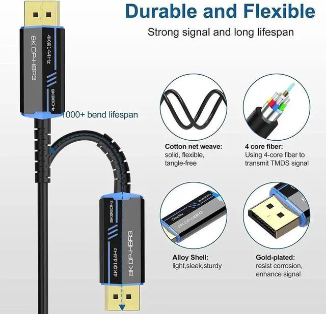 Alt view image 5 of 7 - 8K DisplayPort Fiber Optic Cable 16ft/5m Ultra HD DisplayPort 1.4 Male to Male Fiber Optic Cable, 7680x4320 Resolution, 8K@60Hz, 4K@144Hz, 32.4Gbps, HDP, HDCP for PC, Laptop, HDTV