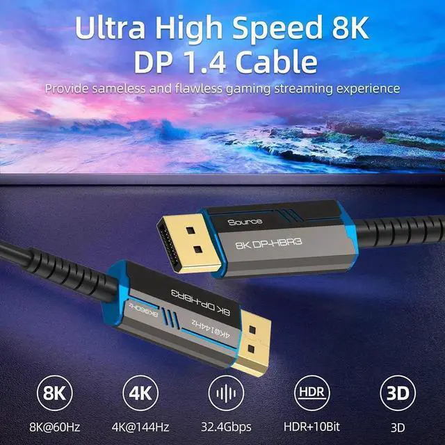 Alt view image 3 of 7 - 8K DisplayPort Fiber Optic Cable 16ft/5m Ultra HD DisplayPort 1.4 Male to Male Fiber Optic Cable, 7680x4320 Resolution, 8K@60Hz, 4K@144Hz, 32.4Gbps, HDP, HDCP for PC, Laptop, HDTV