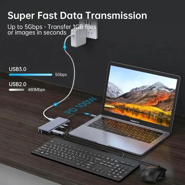 Alt view image 5 of 7 - USB C Docking Station Triple Monitor, Dual HDMI Adapter 12 in 1 Triple Display USB C Hub with VGA, Gigabit Ethernet, 100W PD, 4 USB Ports, SD/TF Card Reader Audio for Type-C Laptops