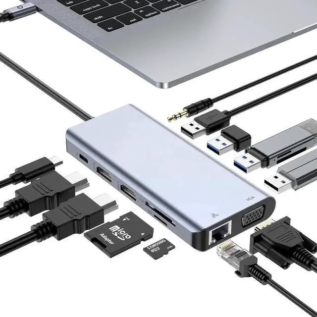 Main image of USB C Docking Station Triple Monitor, Dual HDMI Adapter 12 in 1 Triple Display USB C Hub with VGA, Gigabit Ethernet, 100W PD, 4 USB Ports, SD/TF Card Reader Audio for Type-C Laptops