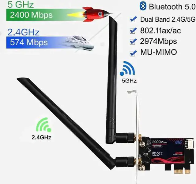 Alt view image 5 of 5 - 2.4G/5G 3000Mbps Wireless Network Card PCIE Wifi Adapter For Desktop PC With WiFi 6 AX200 Bluetooth 5.0 802.11ax